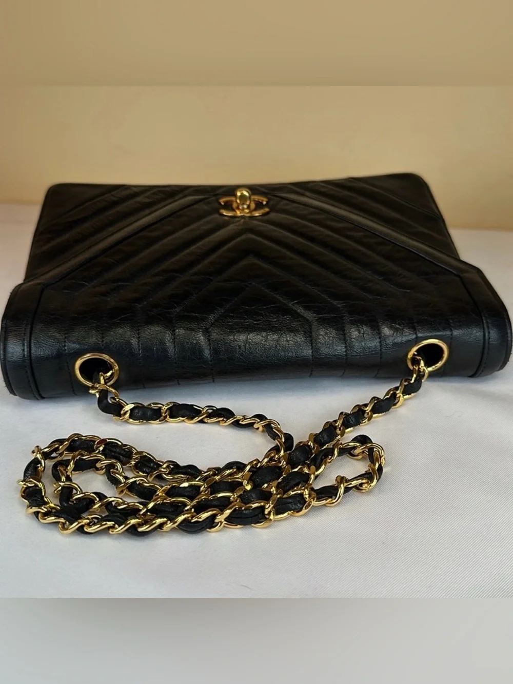 CHANEL Rare Early‑80s Chevron Lambskin Turnlock Envelope Bag 24K Gold‑Plated